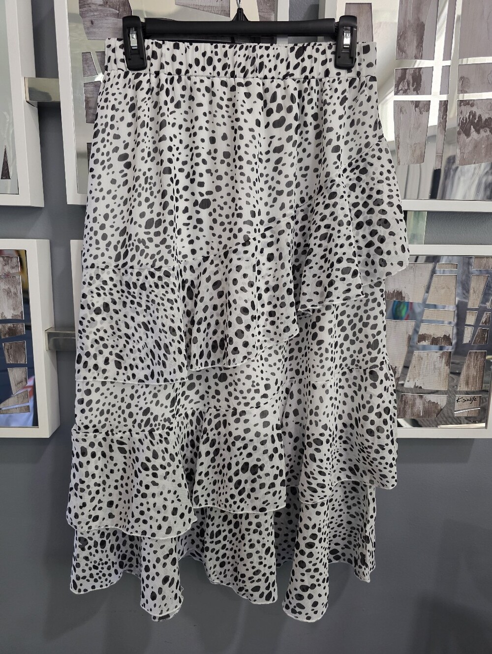 Tiered Ruffle Midi Skirt in Black and White Spot Print